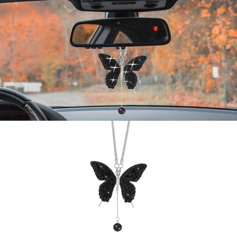 Couslcd Bling Butterfly Diamond Car Accessories, Crystal Car Rear View Mirror Charms for Women, Car Decoration Lucky Hanging Interior Crystal Ornament Pendant Decor for All Cars (Black) - Image 1